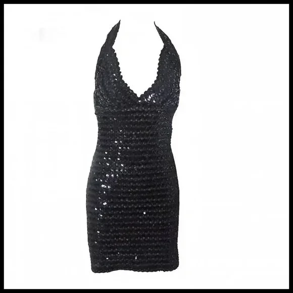 Black Sequin Halter Dress Sexy Micro Mini Bodycon Formal 70s Vintage Disco Era - Picture 2 of 13